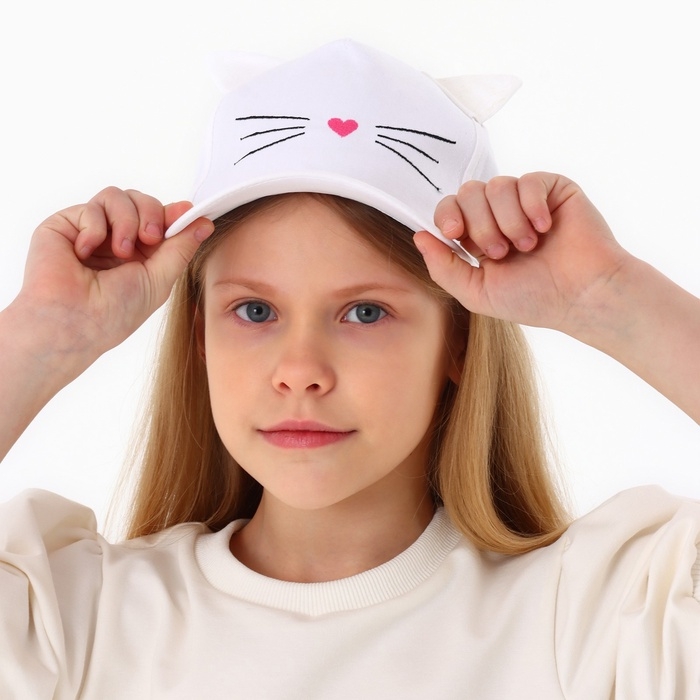 Кепка детская для девочки Кепка детская для девочки "Котик", с ушками, цвет белый р-р 52-54 5-7 лет