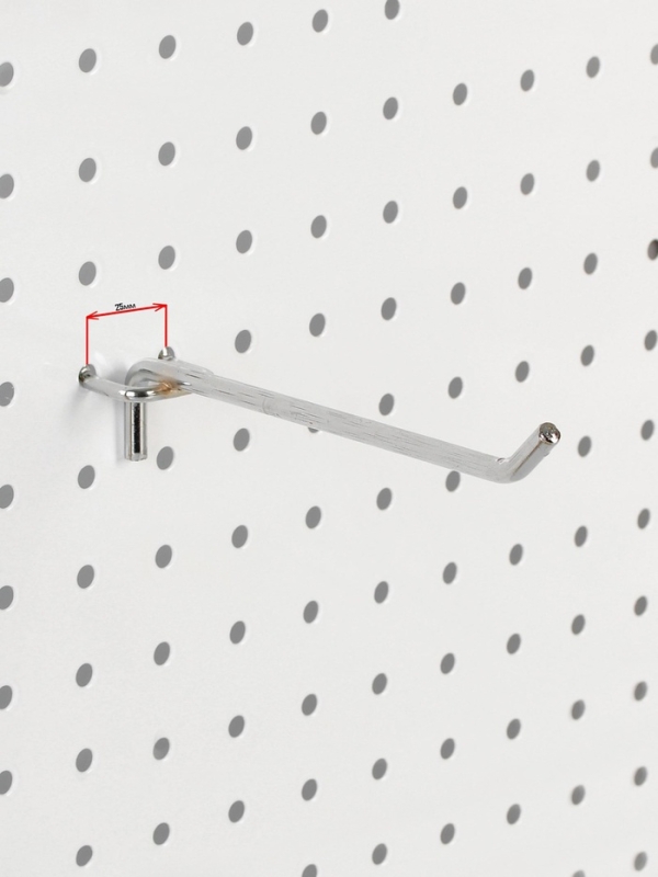 Крючок одинарный для металлической перфорированной панели, d=6 мм, L=15 см, шаг 25 мм, цвет хром Крючок одинарный для металлической перфорированной панели, d=6 мм, L=15 см, шаг 25 мм, цвет хром