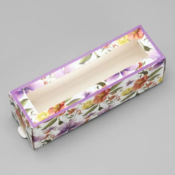 Коробка для макарун, кондитерская упаковка &laquo;Ботаника цветы сиреневые&raquo; 18 х 5.5 х 5.5 см