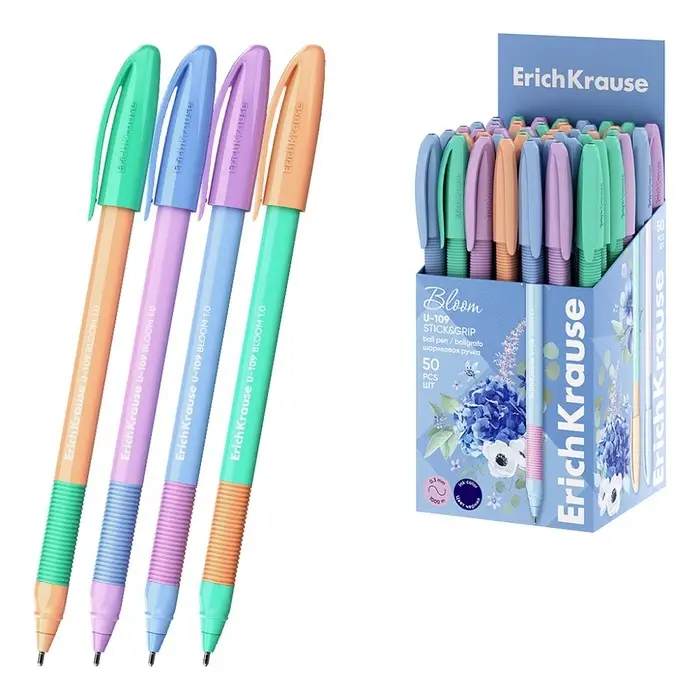 Ручка шариковая ErichKrause U-109 Stick&Grip Pastel Bloom, игольчатый узел 1.0 мм, чернила синие, резиновый держатель,МИКС