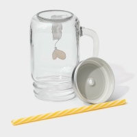 Кружка стеклянная с крышкой и трубочкой Доляна &laquo;Медведь&raquo;, 450 мл, 10&times;7,5&times;13 см