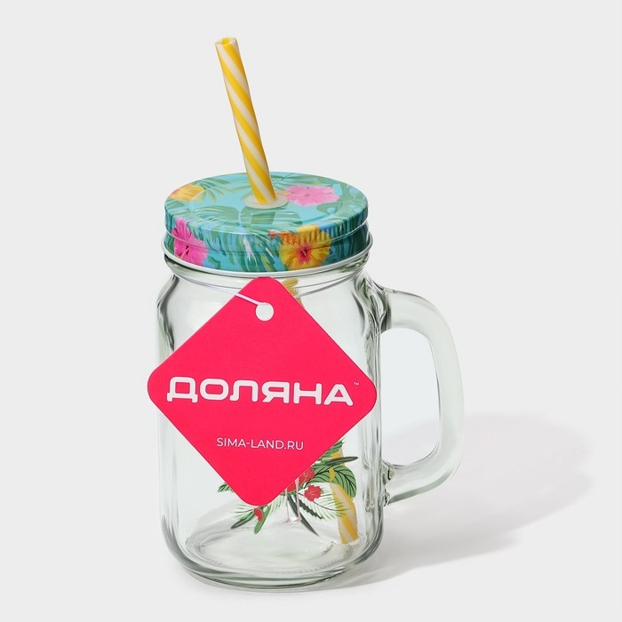 Кружка стеклянная с крышкой и трубочкой Доляна &laquo;Фламинго&raquo;, 450 мл, 10&times;7,5&times;13 см