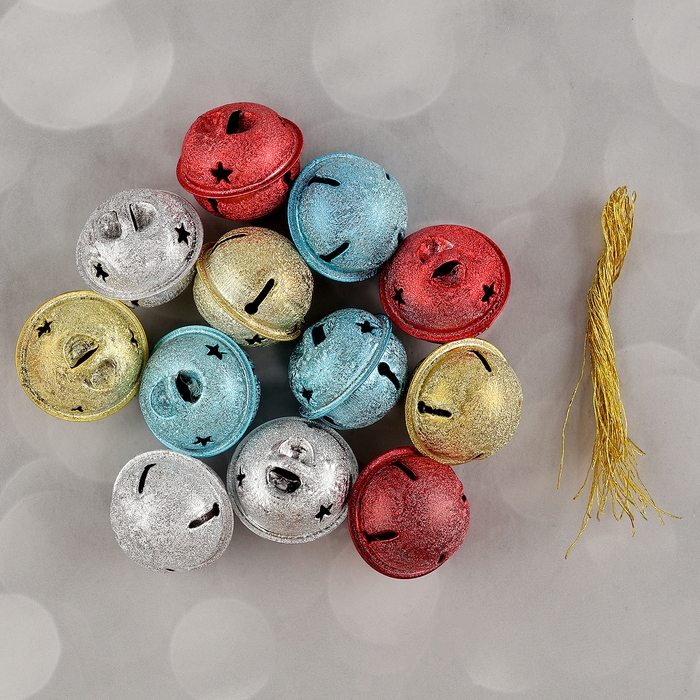 Бубенчики, набор 12 шт., размер 1 шт. &mdash; 3 &times; 3 см, цвет серебряный, золотой, красный, голубой