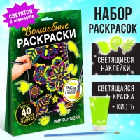 Набор светящаяся раскраска с наклейками «Мир фантазий», краска + кисть Набор светящаяся раскраска с наклейками «Мир фантазий», краска + кисть
