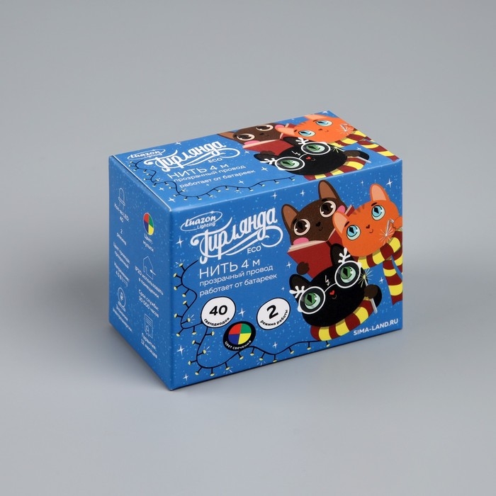 Гирлянда &laquo;Нить&raquo; 4 м, IP20, прозрачная нить, 40 LED, 2 режима, батарейки AAх3 (нет в комплекте), свечение мульти