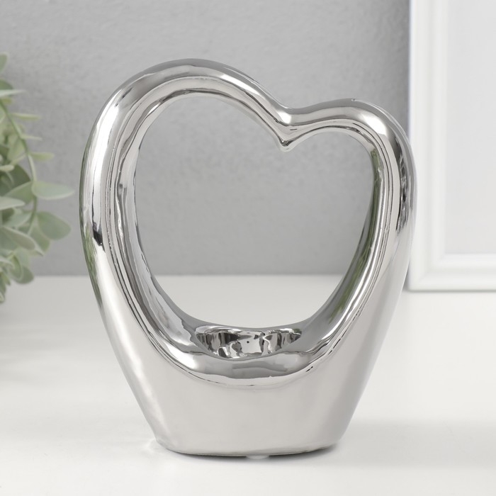 Подсвечник керамика на 1 свечу "Сердце" d=4 см серебро 14,5х6х17 см