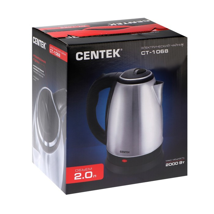 Чайник электрический Centek CT-1068, металл, 2 л, 2000 Вт, серебристый Чайник электрический Centek CT-1068, металл, 2 л, 2000 Вт, серебристый