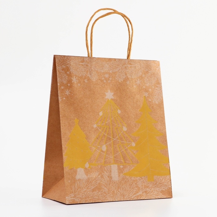 Пакет крафт с золотым тиснением, круглая ручка, Пакет крафт с золотым тиснением, круглая ручка, "Рожденственский лес" 33 х 25 х 12 см, 120 г 10574