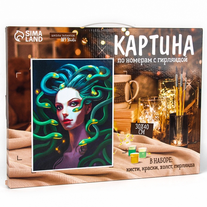 Картина по номерам на холсте с подрамником и гирляндой на новый год &laquo;Девушка и змеи&raquo;, 30 х 40 см, символ года 2025, новогодний набор для творчества