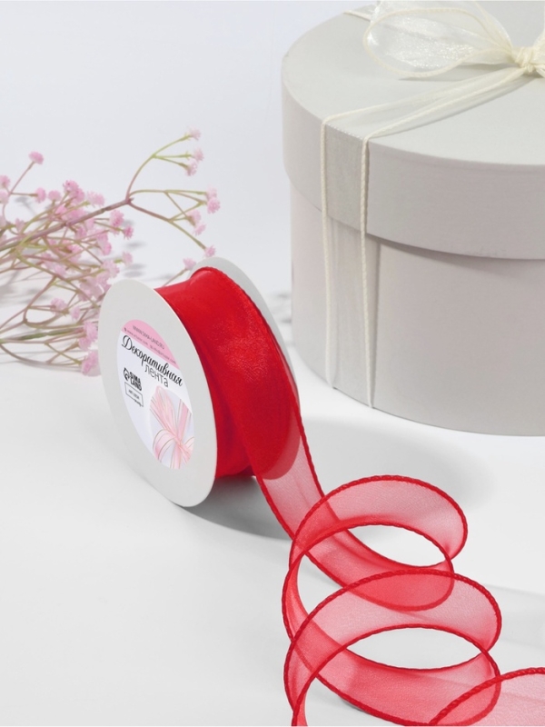 Лента капроновая &laquo;Волна&raquo;, с блеском, 40 мм, 10 &plusmn; 1 м, цвет красный №2