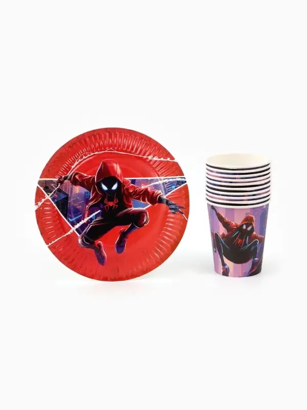 Посуда одноразовая бумажная на 10 персон: стаканы, тарелки, скатерть, Человек Паук