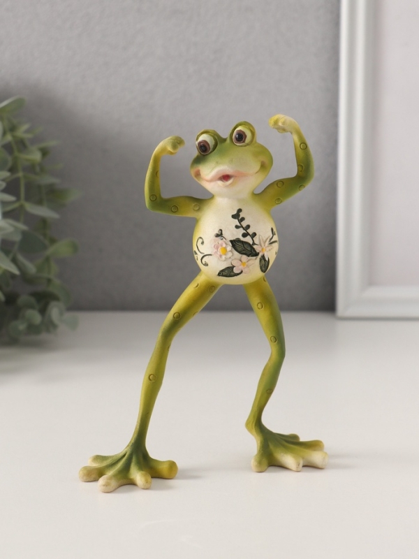 Сувенир полистоун "Лягушонок-силач, с цветами на животике" 11,5х3,5х16 см
