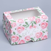 Коробка для капкейков, кондитерская упаковка с окном, 2 ячейки, &laquo;Розы&raquo;, 16 х 10 х 10 см