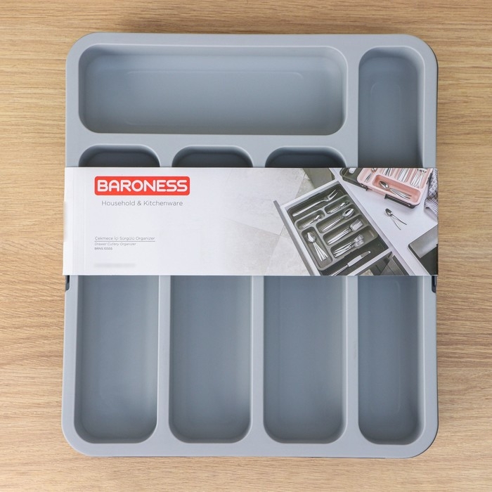 Лоток для столовых приборов, раздвижной, 31&times;35,5&times;5,5 см, 5 отделений, цвет серый