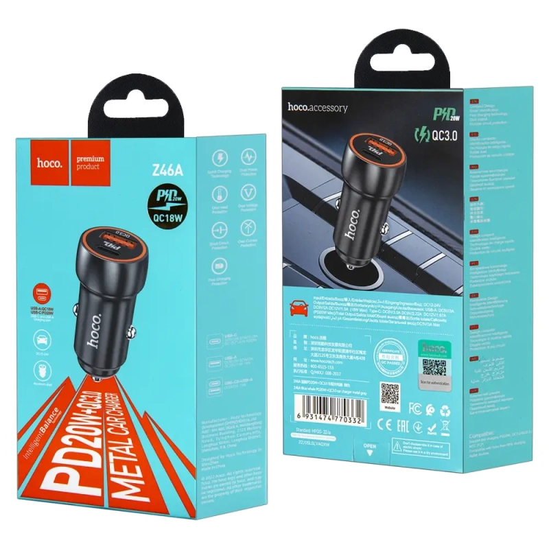 Переходник Z46А АЗУ на USB QC3.0 + Type-C PD20W HOCO серый