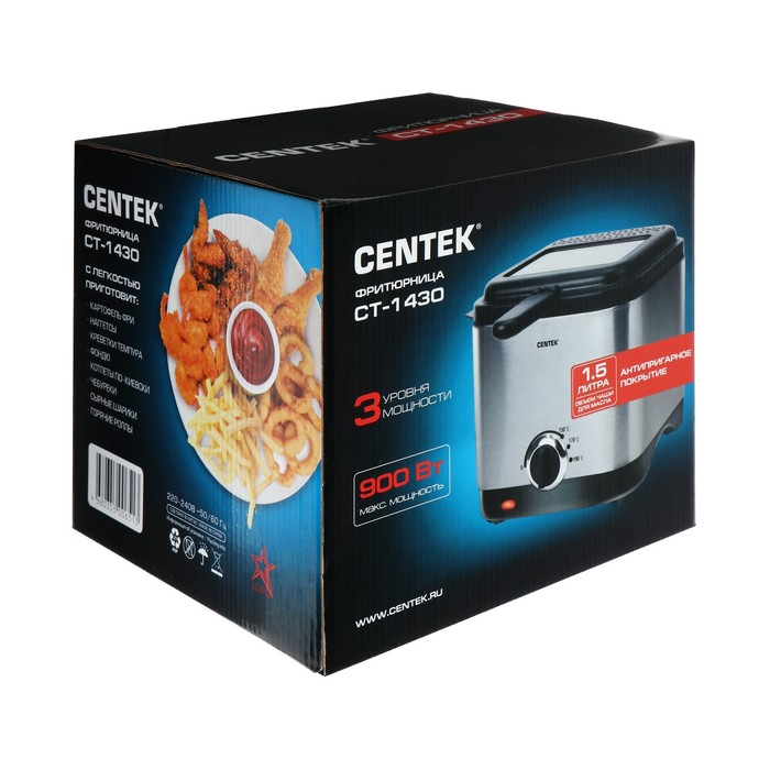 Фритюрница Centek CT-1430, 900 Вт, 1.5 л , антипригарная чаша, серебристая Фритюрница Centek CT-1430, 900 Вт, 1.5 л , антипригарная чаша, серебристая