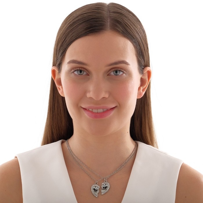 Кулоны &laquo;Неразлучники&raquo; сердечко с пандами, цвет чёрно-белый в серебре, 45 см