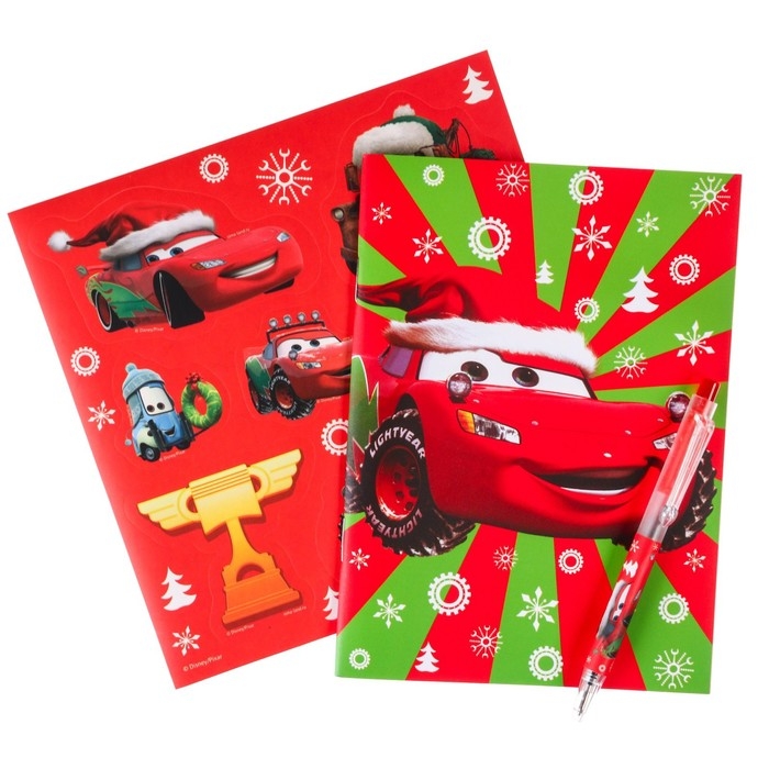 Новый год. Подарочный набор канцелярии "С новым годом", блокнот А6, ручка, наклейки, Тачки