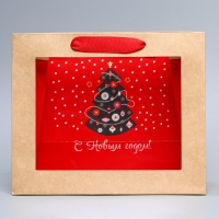 Пакет подарочный новогодний крафтовый с пластиковым окном &laquo;Новогодняя ёлка&raquo;, 24 х 20 х 11см