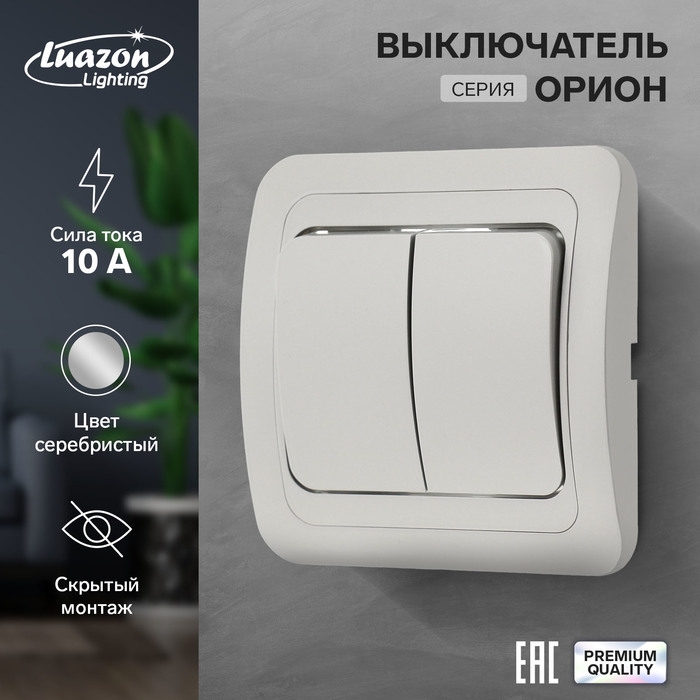 Выключатель Luazon Lighting Выключатель Luazon Lighting "Орион", 10 А, 2 клавиши, скрытый, серебристый