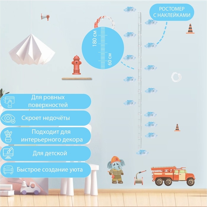 Наклейка интерьерная цветная ростомер Наклейка интерьерная цветная ростомер "Пожарная машина" 50х70 см