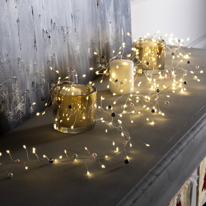 Гирлянда &laquo;Мишура&raquo; 2 м роса с насадками &laquo;Перламутр&raquo;, IP20, серебристая нить, 200 LED, батарейки ААх3 (нет в комплекте), свечение тёплое белое