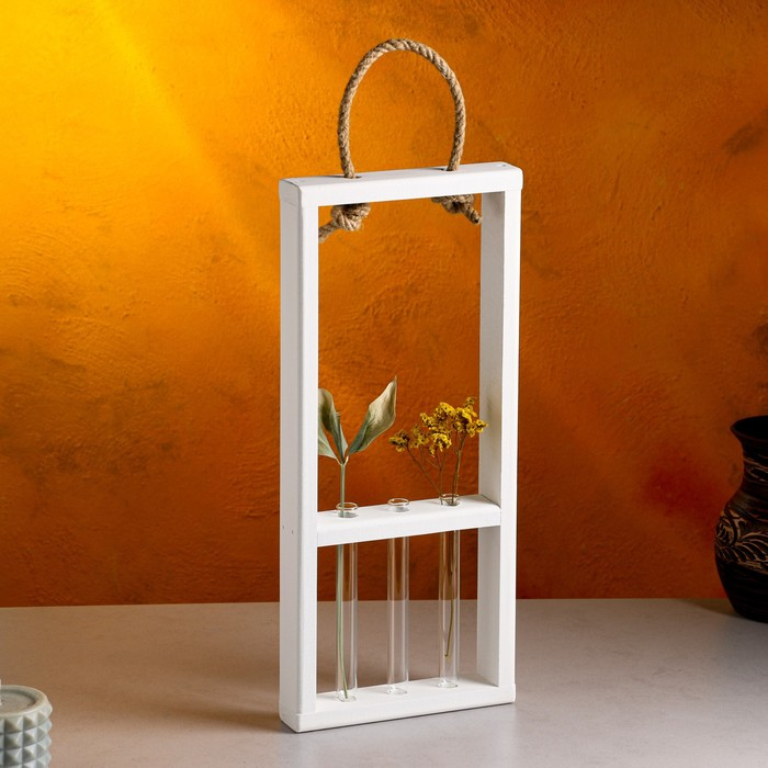 Кашпо деревянное 18×5×40 см с 3 колбами 15 см Кашпо деревянное 18×5×40 см с 3 колбами 15 см "Рамка Экстра", ручка, белый Дарим Красиво