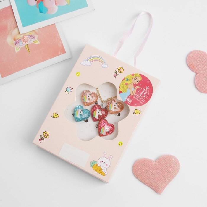 Набор детский &laquo;Выбражулька&raquo; 5 предметов: кулон, 4 кольца, единороги в сердечках, цвет МИКС