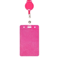 Бейдж-карман вертикальный кожзам, внешний 110x68мм, внутренний 85x54мм, лента 80x1,2см, розовый.