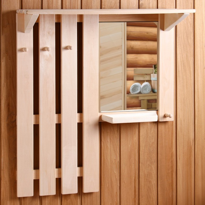 Полка вешалка с зеркалом, большая, 3 крючка Полка вешалка с зеркалом, большая, 3 крючка