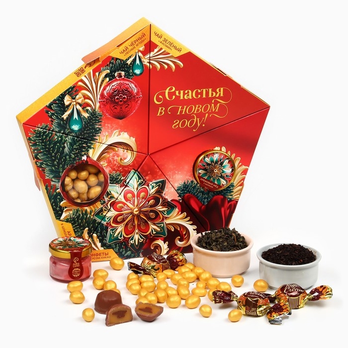 Новый год! Подарочный набор &laquo;Счастья в новом году&raquo;: чай зеленый с жасмином и чёрный: лесные ягоды 20 г., арахис в глазури 70 г., конфеты со вкусом какао100 г., крем - мёд со вкусом малины 30 г.
