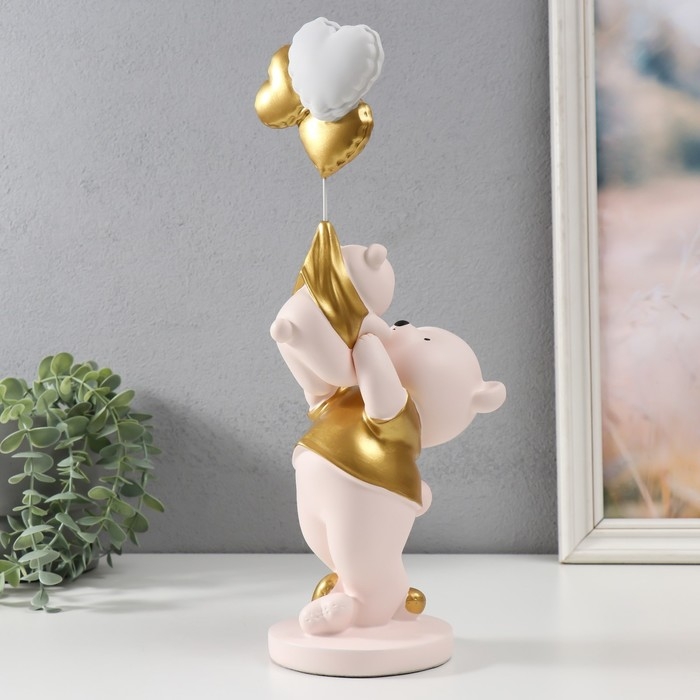 Сувенир полистоун "Мишка держит медвежонка с шариками" 10х13х36 см