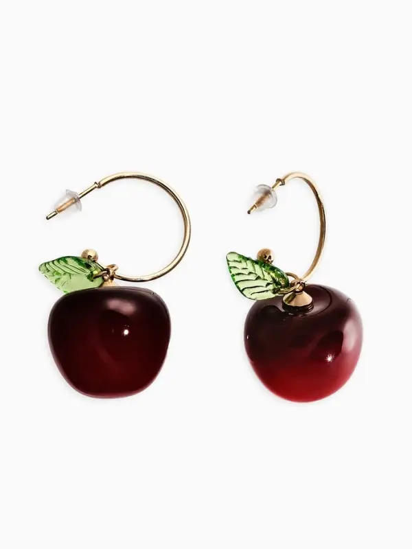 Серьги-кольца "Черешня с листочком", цвет бордовый в золоте