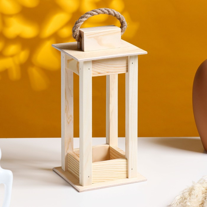 Кашпо деревянное 11&times;11&times;24 см "Фонарик", ручка верёвка, натуральный Дарим Красиво