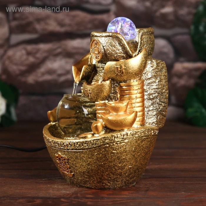 Фонтан настольный от сети, подсветка "Слиток золота и монеты" золото 21х17х12 см