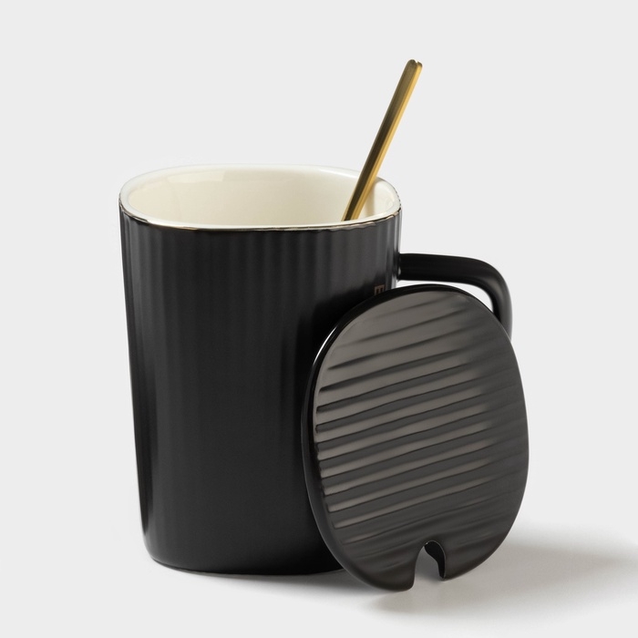 Кружка Elegant, 320 мл, 11,5&times;8&times;10,5 см, с крышкой и ложкой, керамика, чёрная