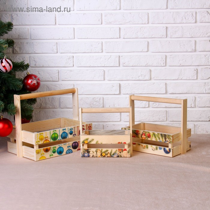 Набор кашпо деревянных Набор кашпо деревянных "Новогодний №3" 3 в 1, МАССИВ СОСНЫ, деревянная ручка, натуральный