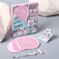 Наушники, маска для сна и зарядное устройство 5000 mAh м. PB-06 &laquo;Котики&raquo;, 20,5 х 16,5 см.