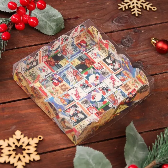 Коробка для печенья, кондитерская новогодняя упаковка, &laquo;Новогодняя афиша&raquo;, 12&times;12&times;3 см