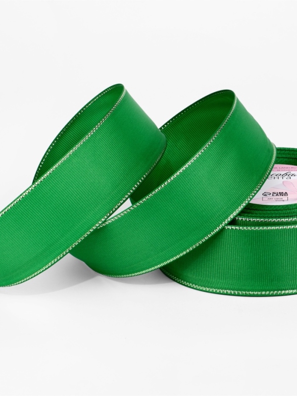 Лента репсовая 40мм*25&plusmn;1ярд(23м&plusmn;1м) серебряные нити №019 зелёный АУ