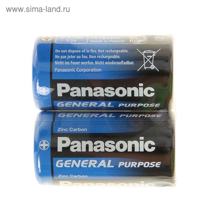 Батарейка солевая Panasonic General Purpose, C, R14-2S, 1.5В, спайка, 2 шт. Батарейка солевая Panasonic General Purpose, C, R14-2S, 1.5В, спайка, 2 шт.