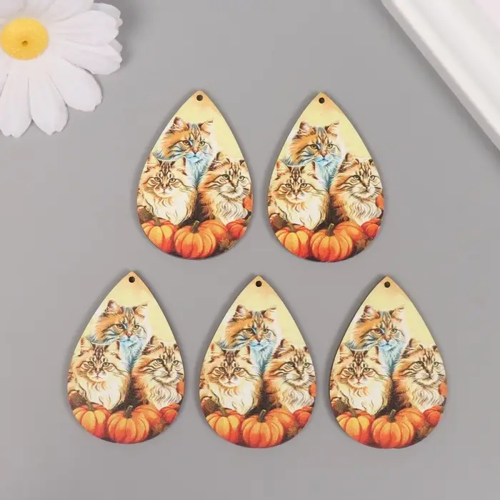 Декор для творчества дерево "Три кота с тыквами" 4,9х3,3х0,3 см