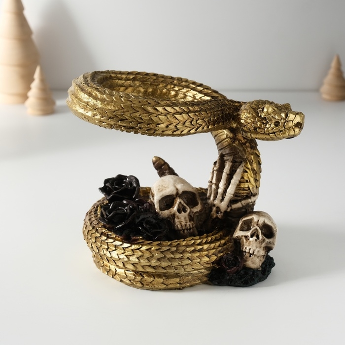 Сувенир полистоун "Змея с черепами и чёрными розами" 11,5х16х13 см