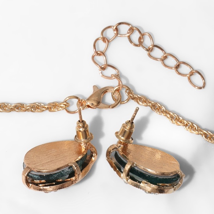 Гарнитур 3 предмета: серьги, кулон, кольцо &laquo;Капли&raquo;, цвет бело-зелёный в золоте, 45см