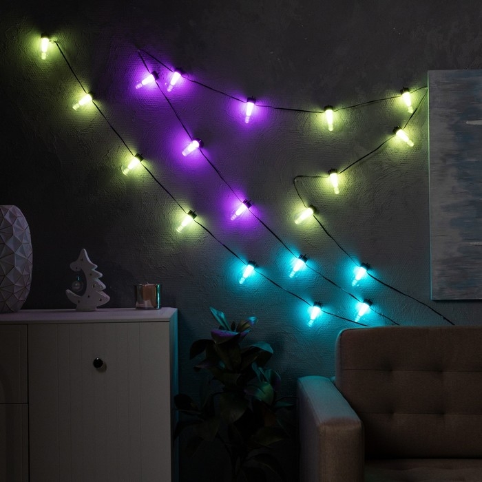 Умная гирлянда &laquo;Нить&raquo; 6 м с насадками &laquo;Лампочки&raquo;, IP20, тёмная нить, 20 LED, свечение RGB, USB