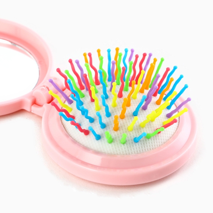 Расчёска массажная, складная, с зеркалом, 6 &times; 6 х 3 см, цвет розовый МИКС