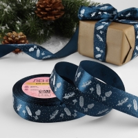 Новый год! Лента атласная «Шишки и веточки», 25 мм, 23 ± 1 м, цвет тёмно-синий №38 Новый год! Лента атласная «Шишки и веточки», 25 мм, 23 ± 1 м, цвет тёмно-синий №38