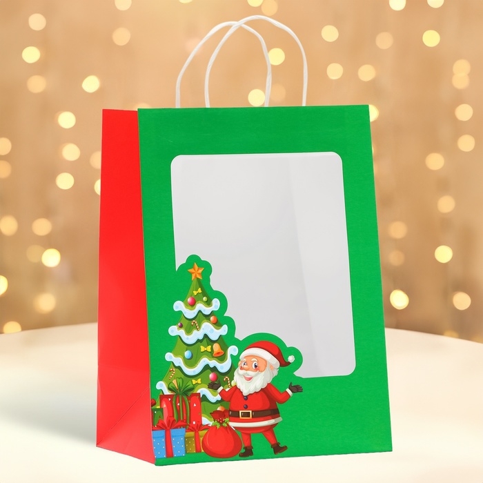 Пакет подарочный новогодний с окном "Дед мороз" 19 х 26 х 13 см.
