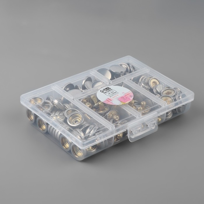 Кнопки установочные, Дельта, d = 15 мм, 40 шт, с установщиком, в органайзере, 11,8 &times; 8,1 &times; 2,3 см, цвет серебряный