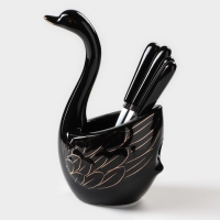 Подставка для столовых приборов &laquo;Лебедь&raquo;, 5 предметов: подставка 9&times;6,5&times;16,5 см, 2 ложки, 2 вилки, цвет чёрный